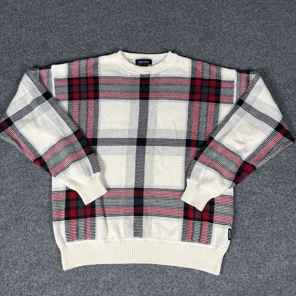 Nautica Vintage Knit‎ Sweater Red Plaid Men's Size Small